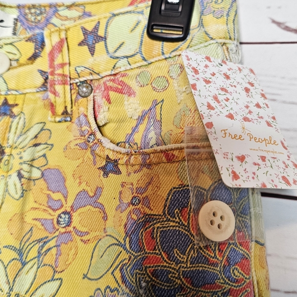 Free People Alani Floral Yellow Denim Cut Off Shorts - Picture 5 of 12